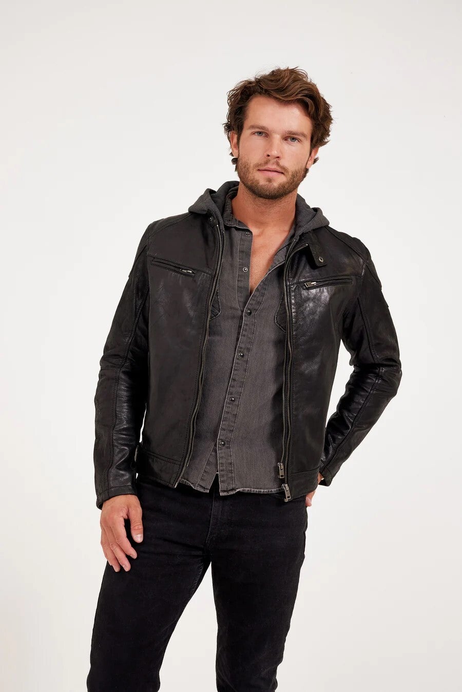 leather hoodie jacket men's